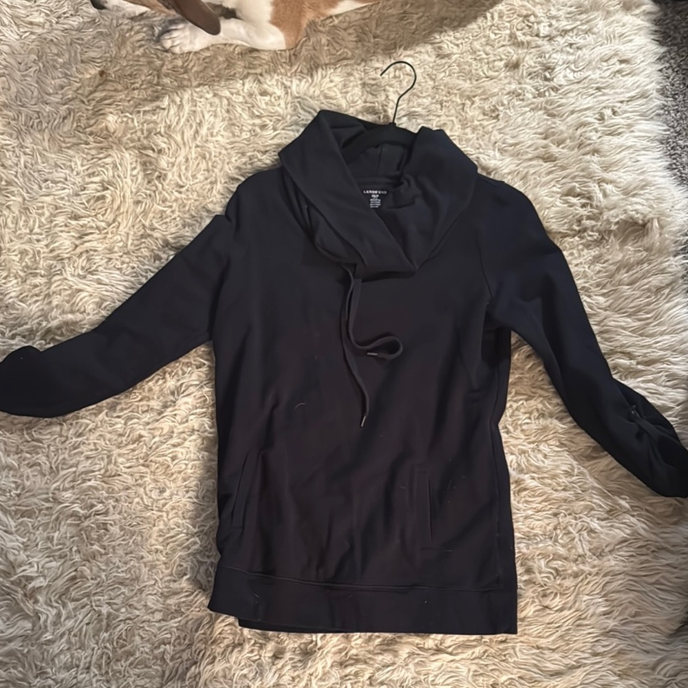 Lands' End Black Crew Neck Sweater with Long Sleeves and Knitted Texture